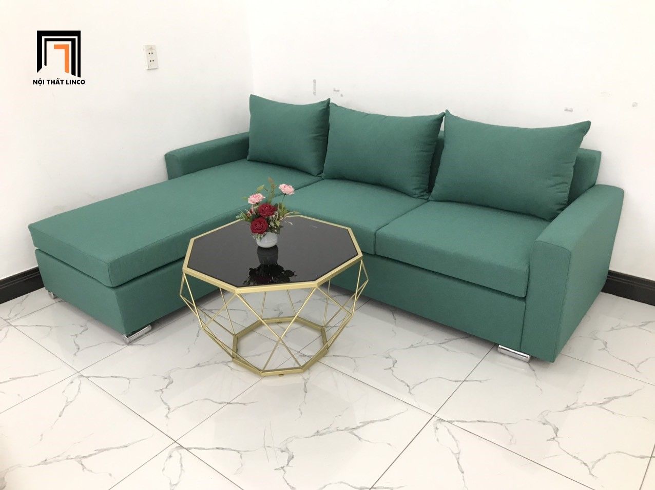 Bộ bàn ghế sofa góc chữ L 2m2 x 1m6 phòng khách màu xanh ngọc