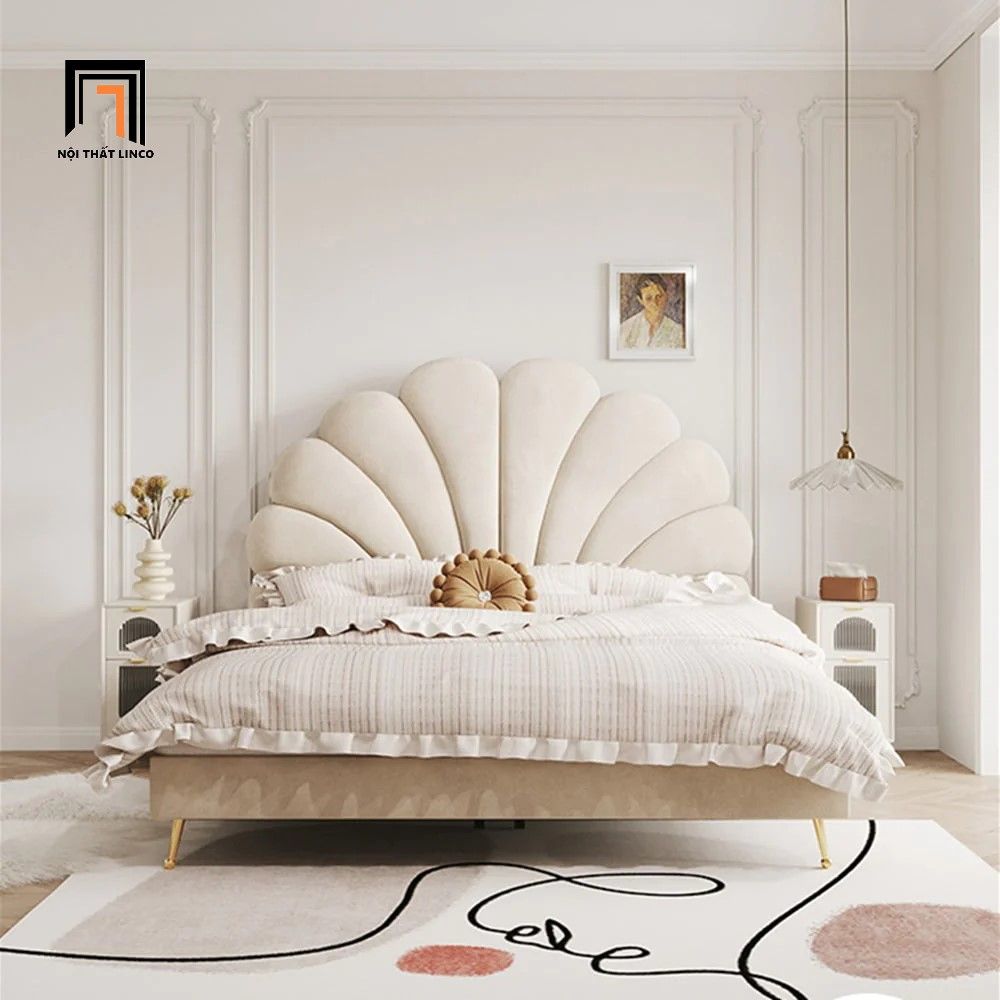Giường ngủ hình hoa sen vải nỉ trắng kem GN41 Innis xinh xắn