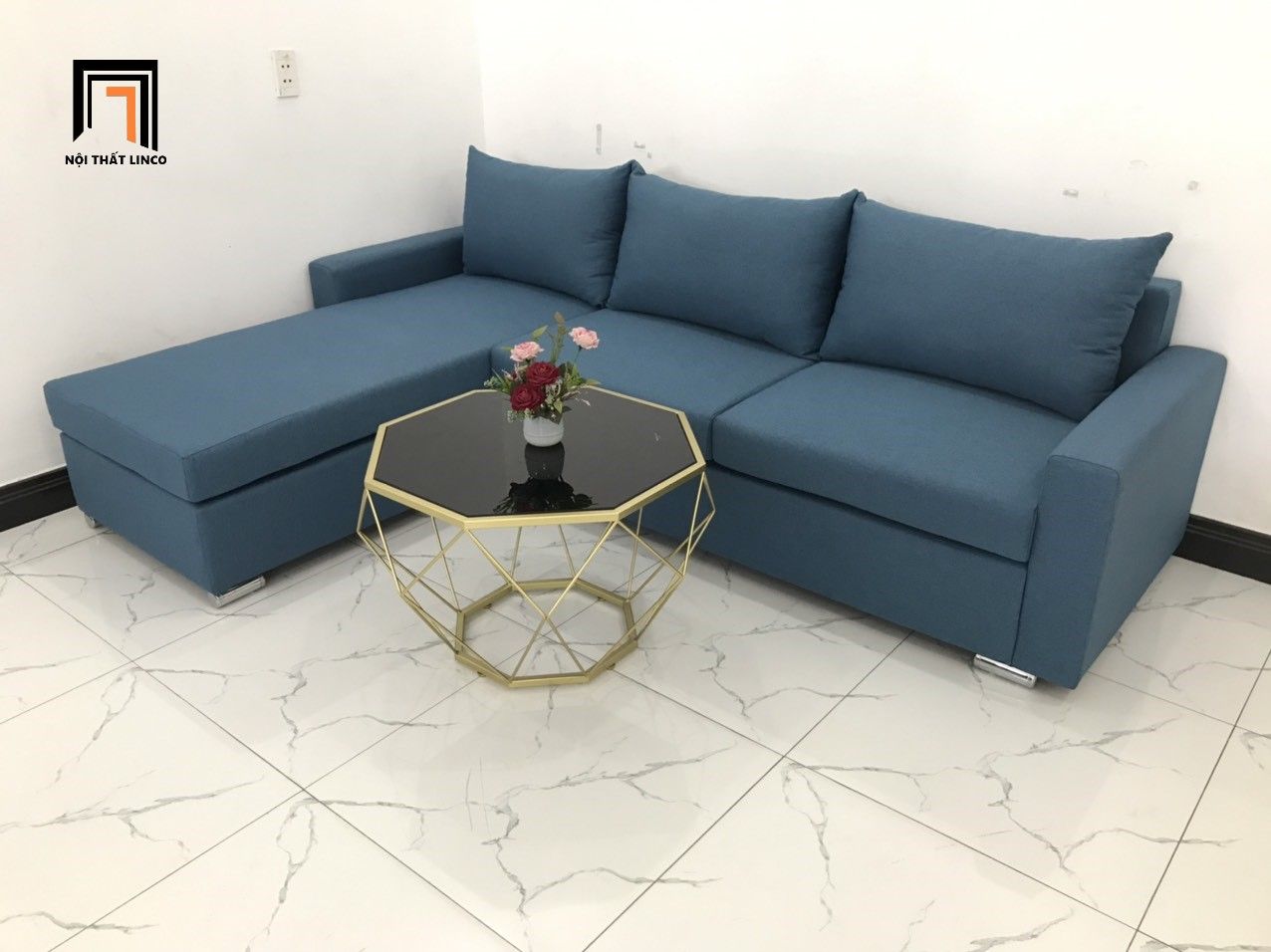 Bộ ghế sofa góc L 2m2 x 1m6 thư giãn xanh dương