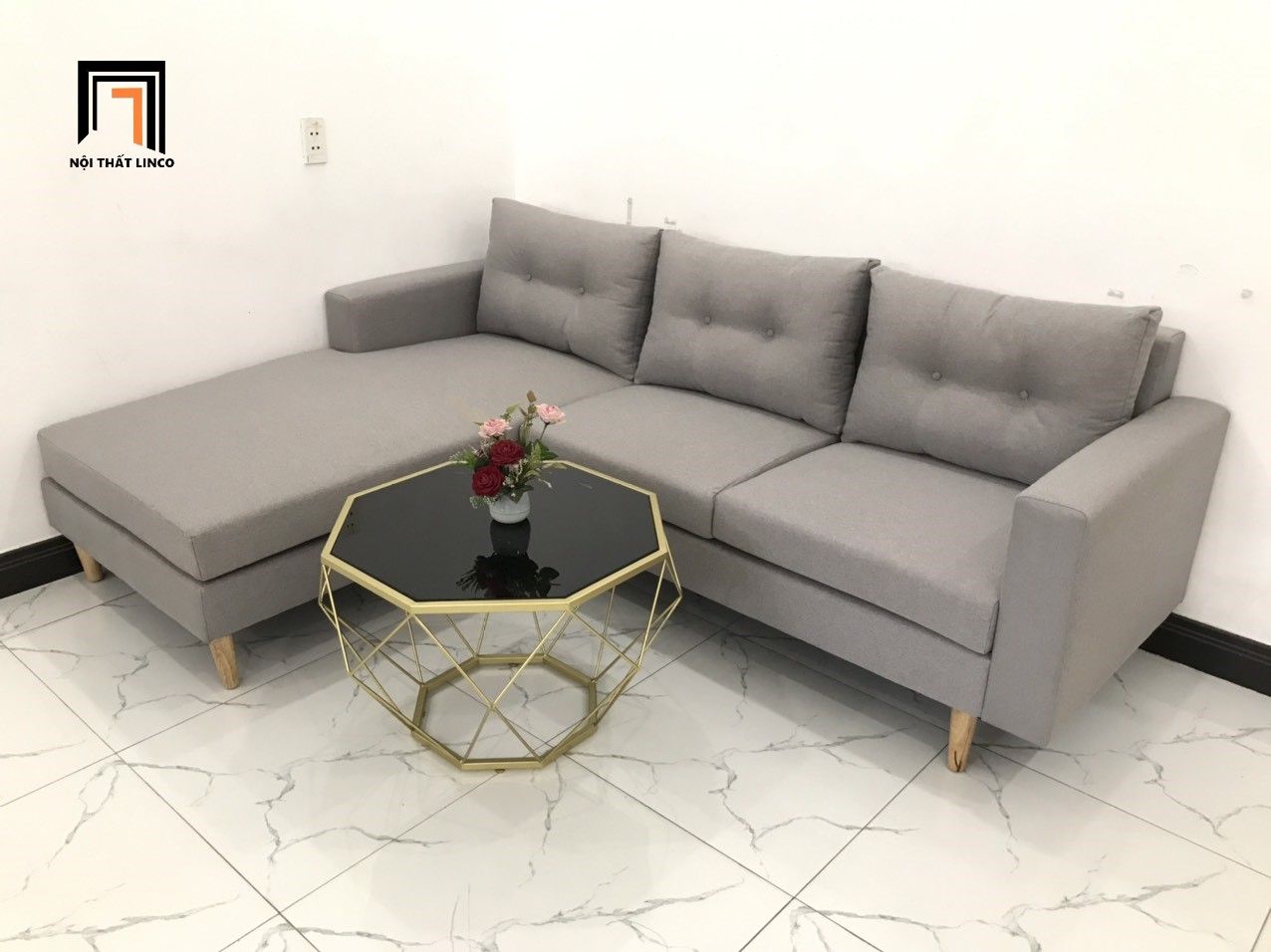 Bộ ghế sofa góc 2m2 x 1m6 màu xám trắng vải bố