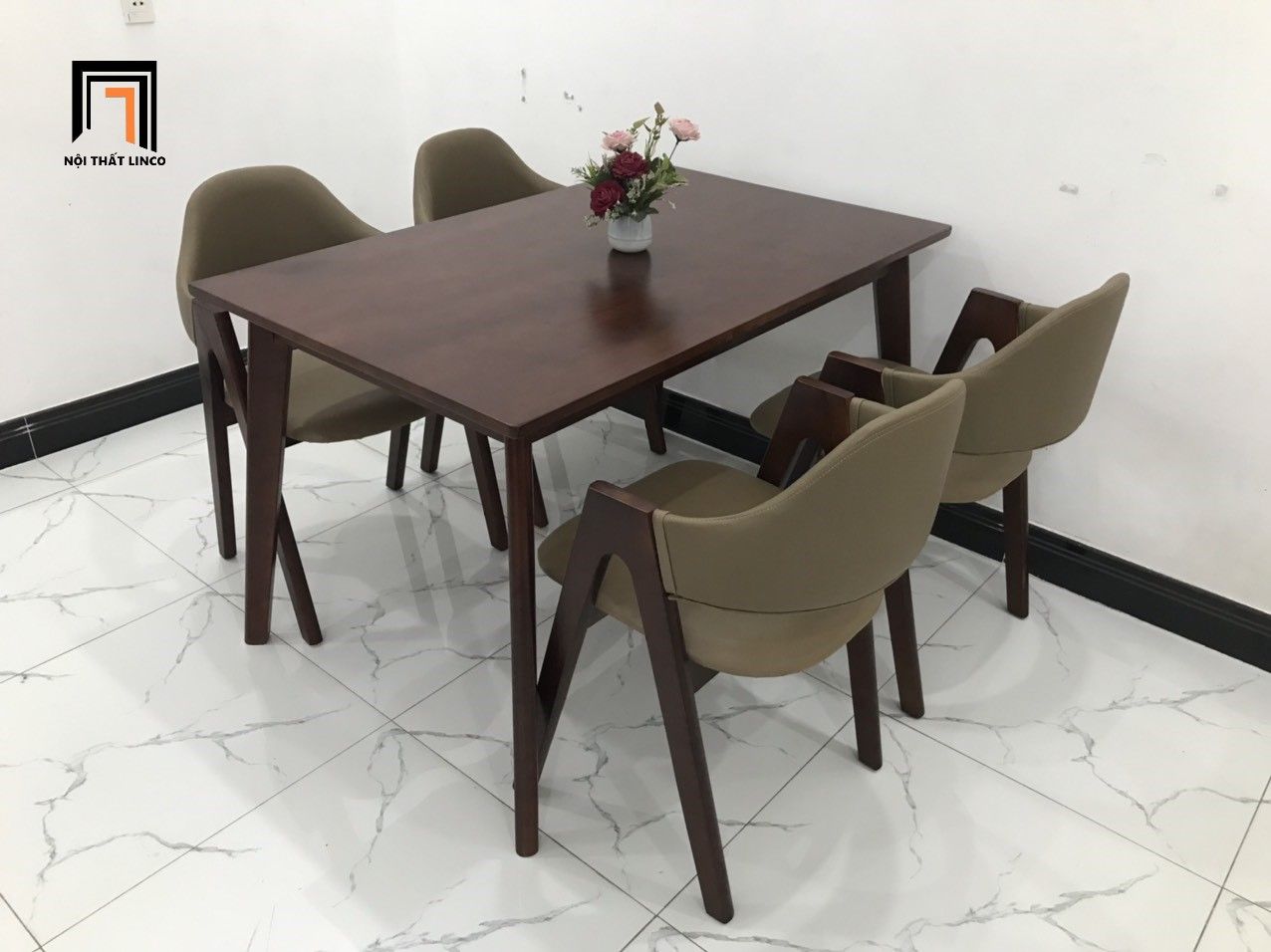 Bộ bàn ghế ăn màu nâu đậm 6-KH4-G5-B107-nausi bọc da giả Pu