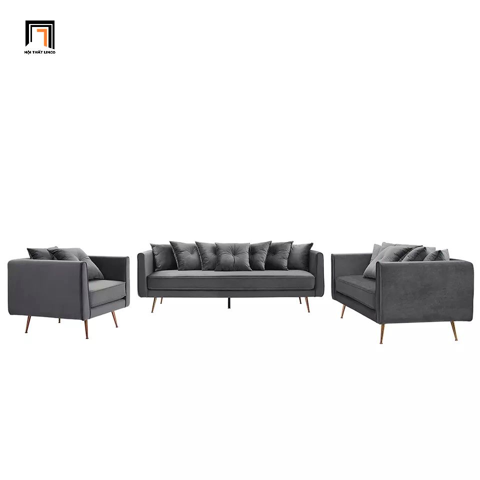 Ghế sofa băng đẹp BT15 vải nhung nỉ xám đen chân inox