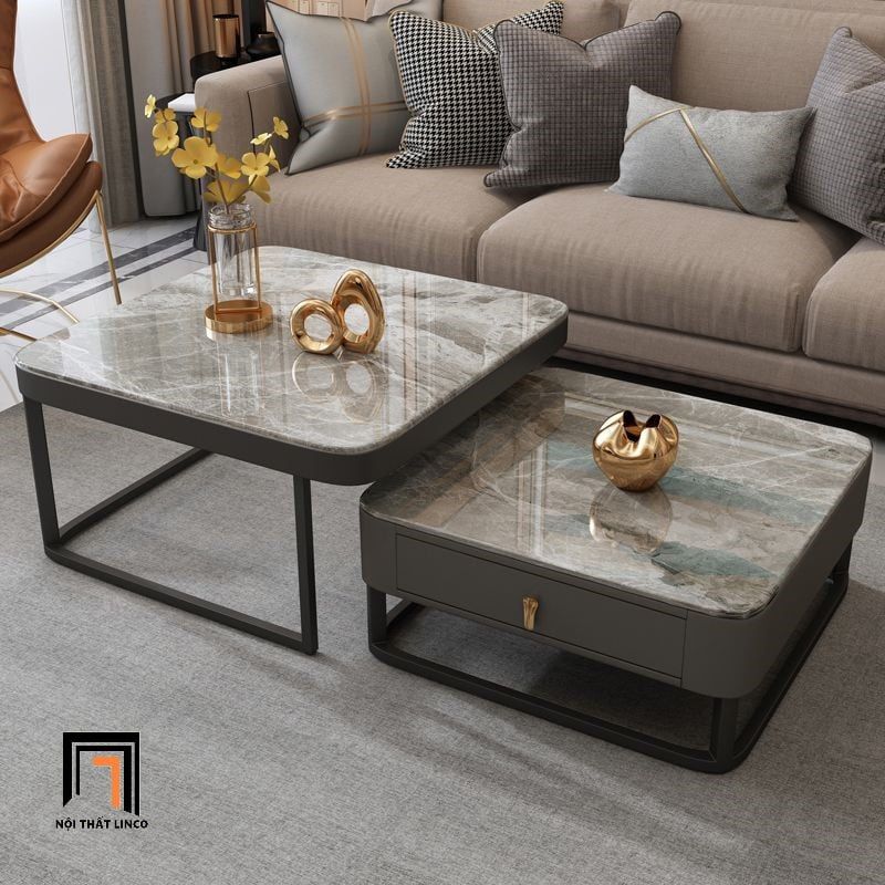 Cặp bàn sofa vuông mặt đá BSF45 Modany khung chân sắt đen