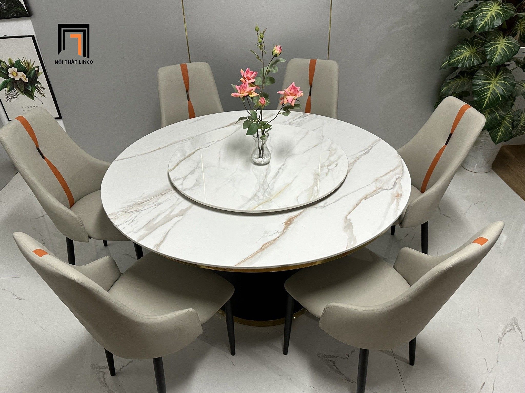 Set bàn ghế ăn 6 chỗ 50-BAD6-GOCNew-B81 mặt đá tròn xoay