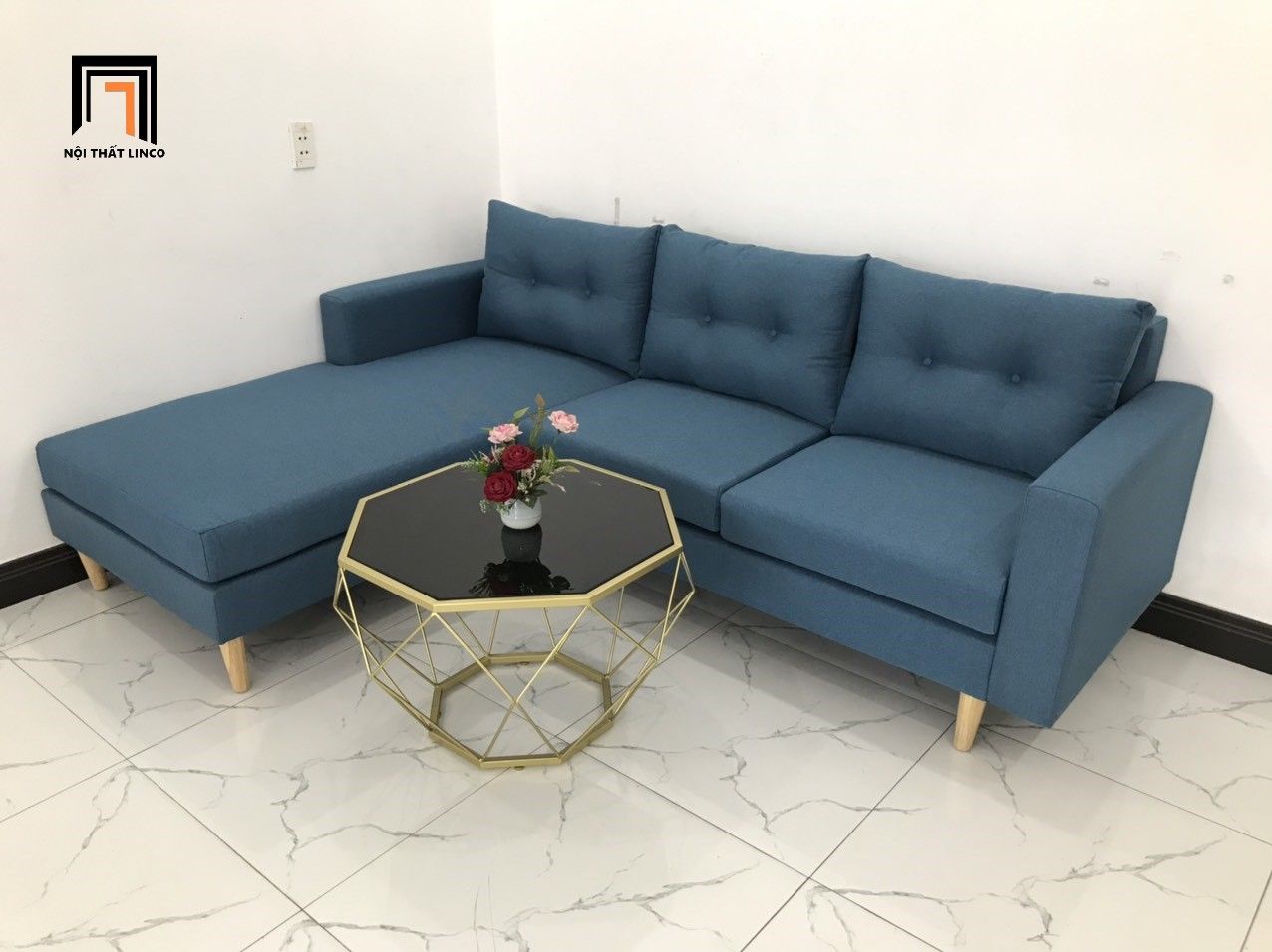 Bộ bàn ghế sofa góc 2m2 x 1m6 màu xanh dương nhỏ gọn
