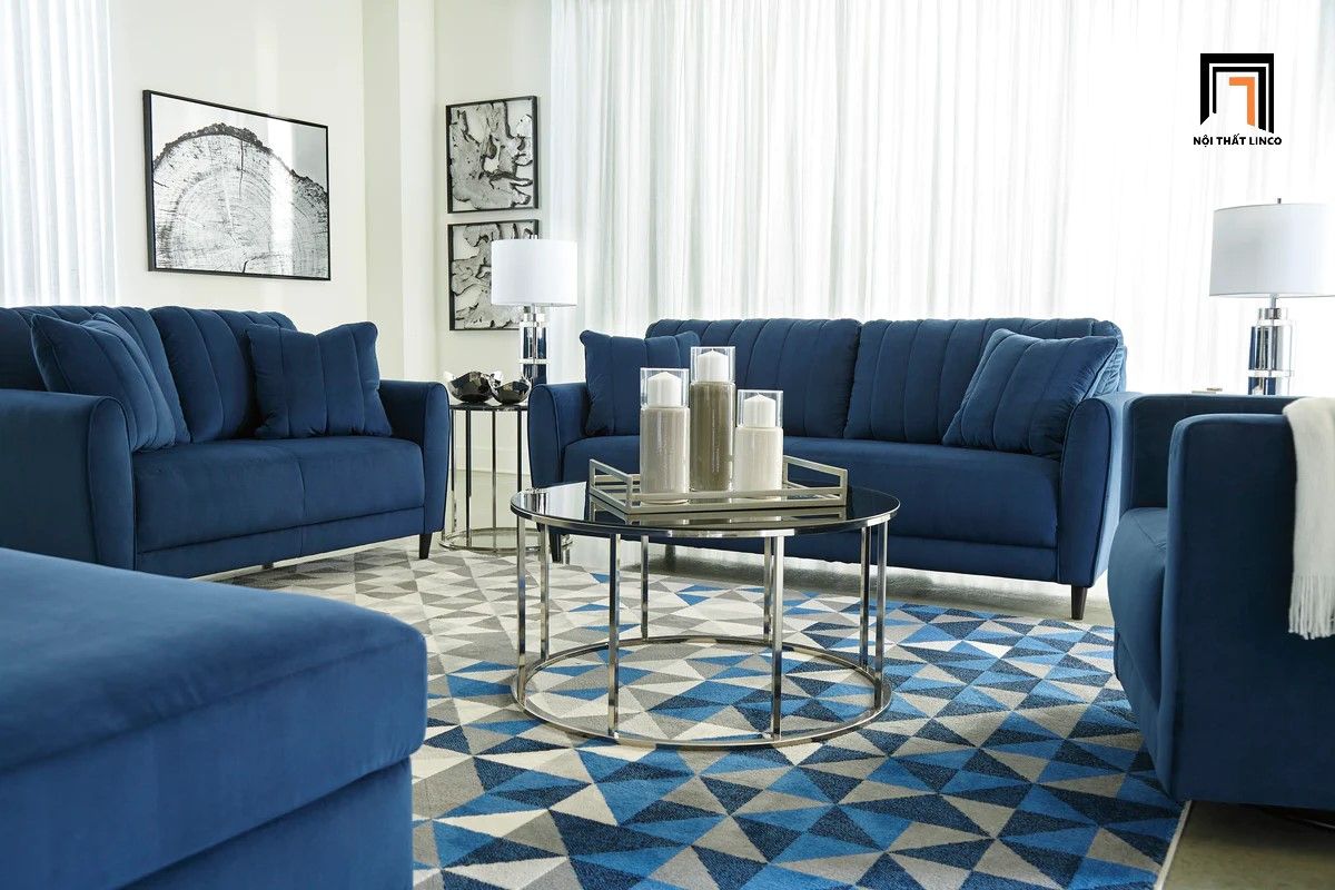 Bộ ghế sofa gia đình giá rẻ KT55 Enderline vải nhung xanh dương