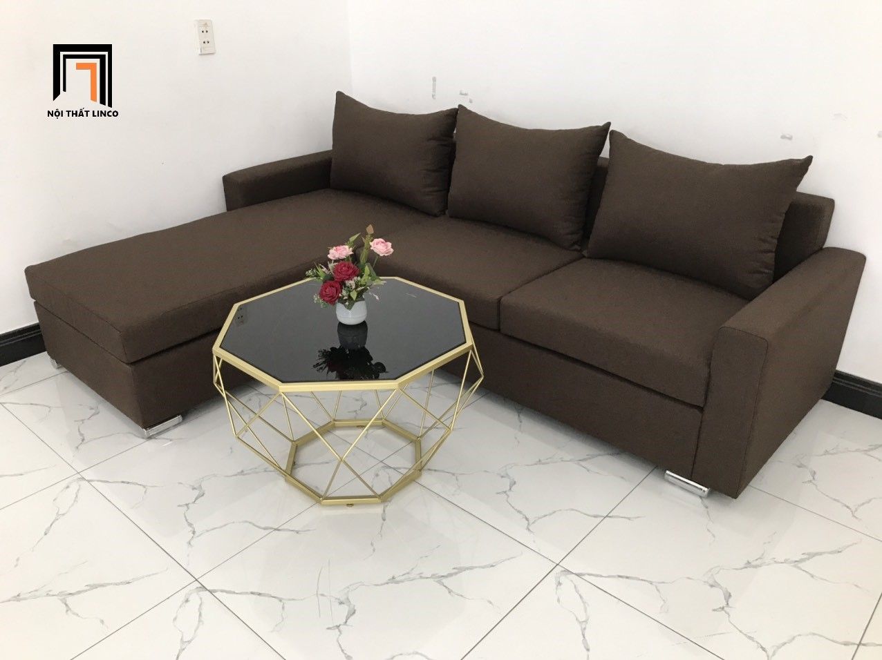 Bộ ghế sofa góc L 2m2 x 1m6 cho phòng khách nâu đậm