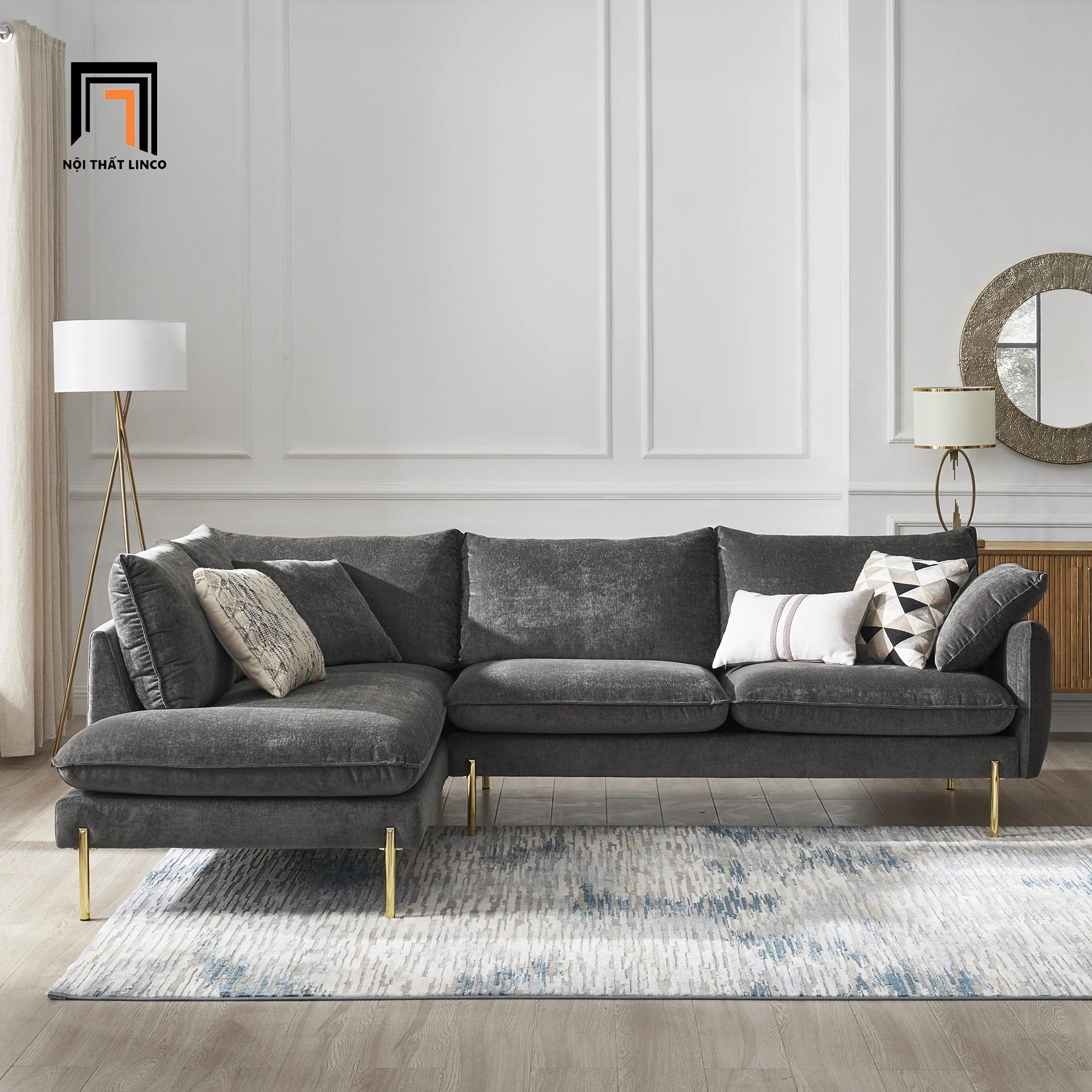 Ghế sofa góc chữ L vải nỉ 2m3 x 1m7 GT204 Verona chân inox