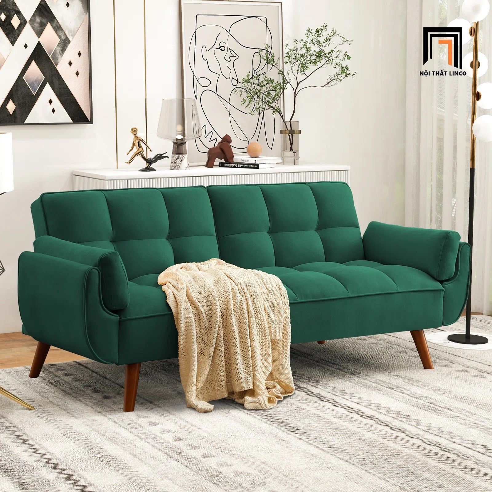 Ghế sofa giường xinh xắn GB74 Kazal 2m vải nỉ xanh lá