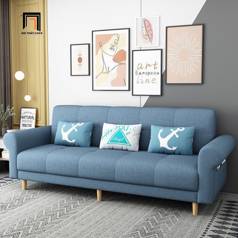Ghế sofa giường tay cong giá rẻ GB112 Beiro 2m1 vải nỉ xám đậm