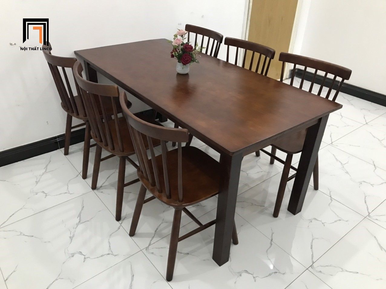 Set bàn ăn ghế gỗ nhà bếp 6-KH6-G18-B108-naugo màu nâu đậm