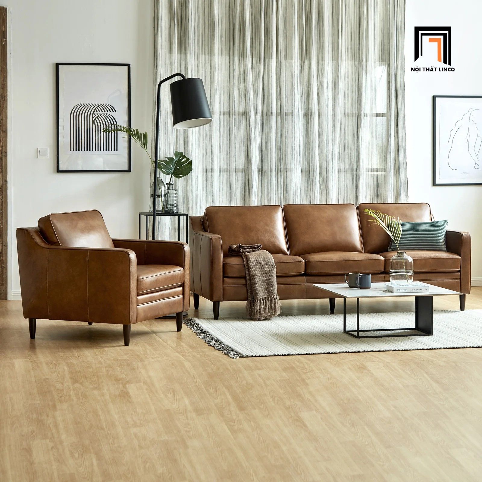 Ghế sofa băng gia đình BT33 Abbot dài 2m bọc da giả màu da bò