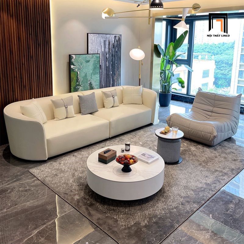 Ghế sofa băng cong 2m4 BT253 Oneil da công nghiệp trắng kem