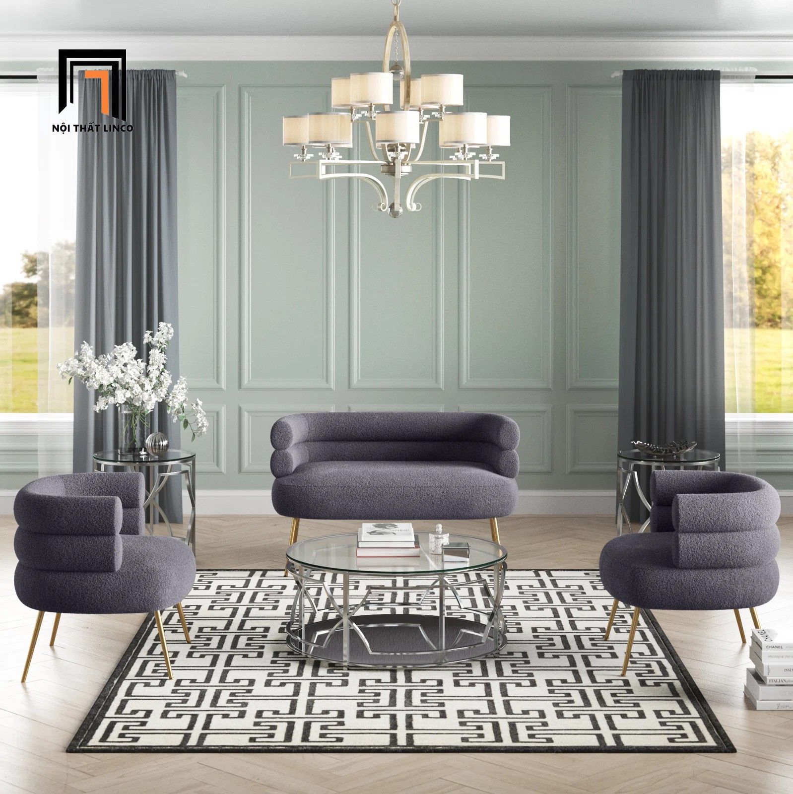 Bộ ghế sofa xinh cho tiệm shop KT144 Demetrius vải lông cừu