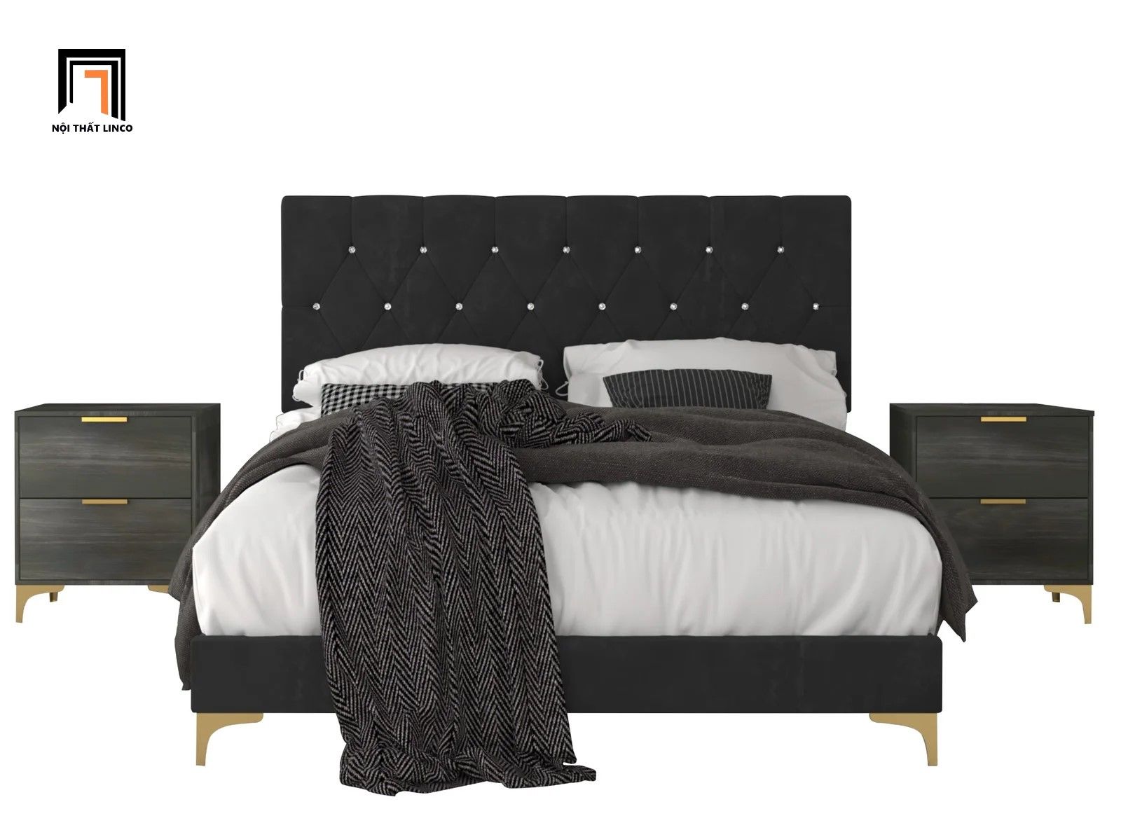 Giường ngủ vải nỉ màu đen 1m6 x 2m GN20 Ossabaw đính nút