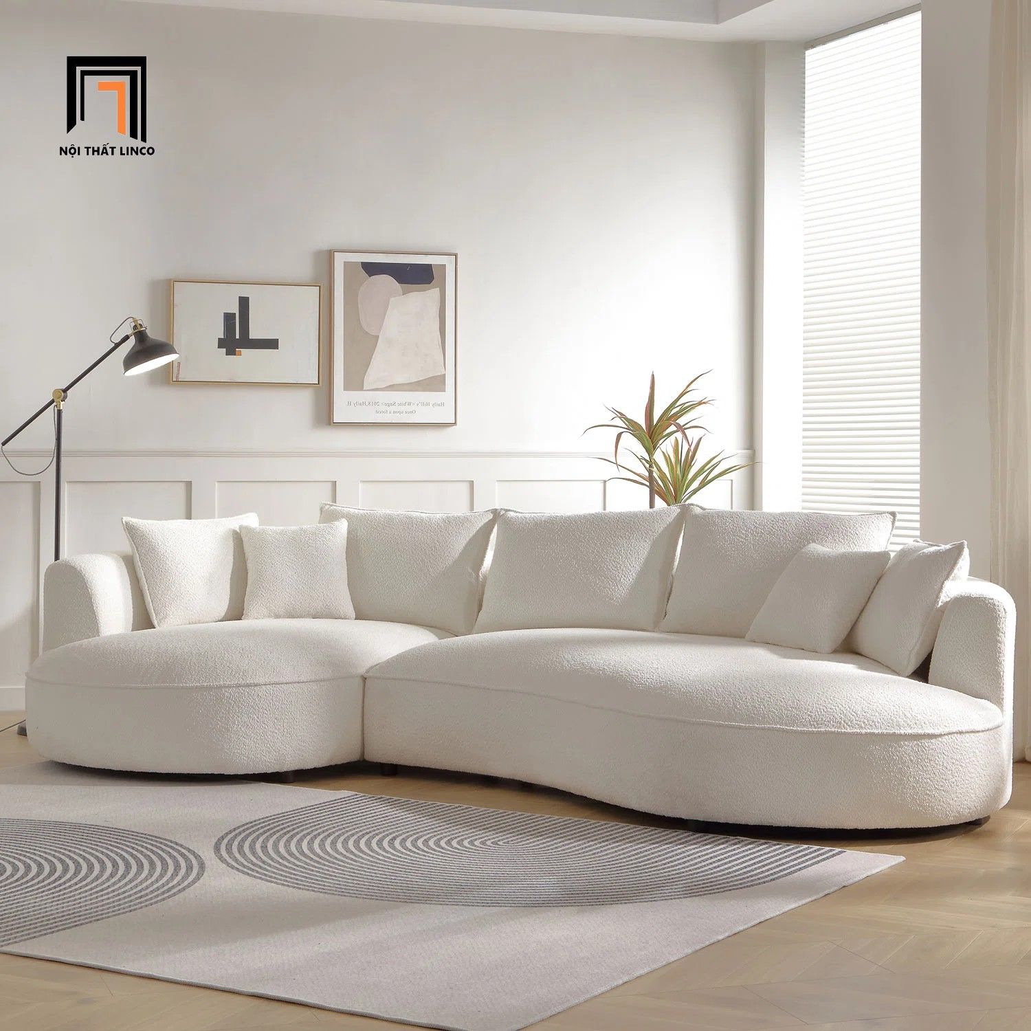 Bộ ghế sofa góc cong GT100 Hokku 3m1 x 1m6 vải lông cừu