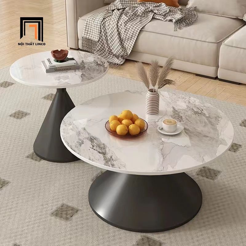 Cặp bàn sofa mặt đá tròn BSF84 Rockvale khung chân sắt xòe