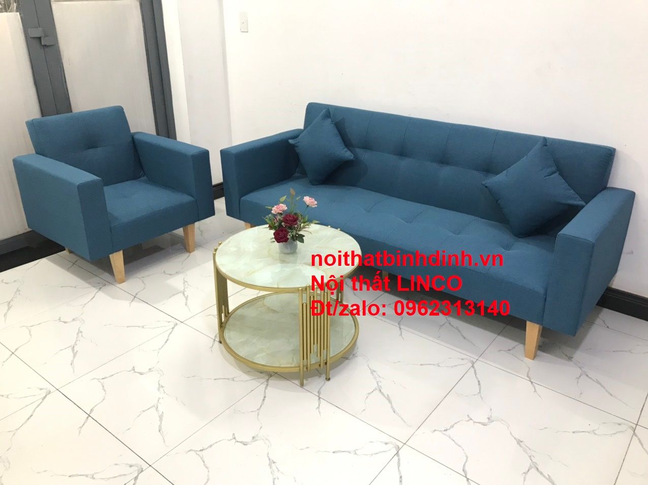 Set ghế sofa phòng khách xanh dương NS02 giá rẻ bọc vải bố