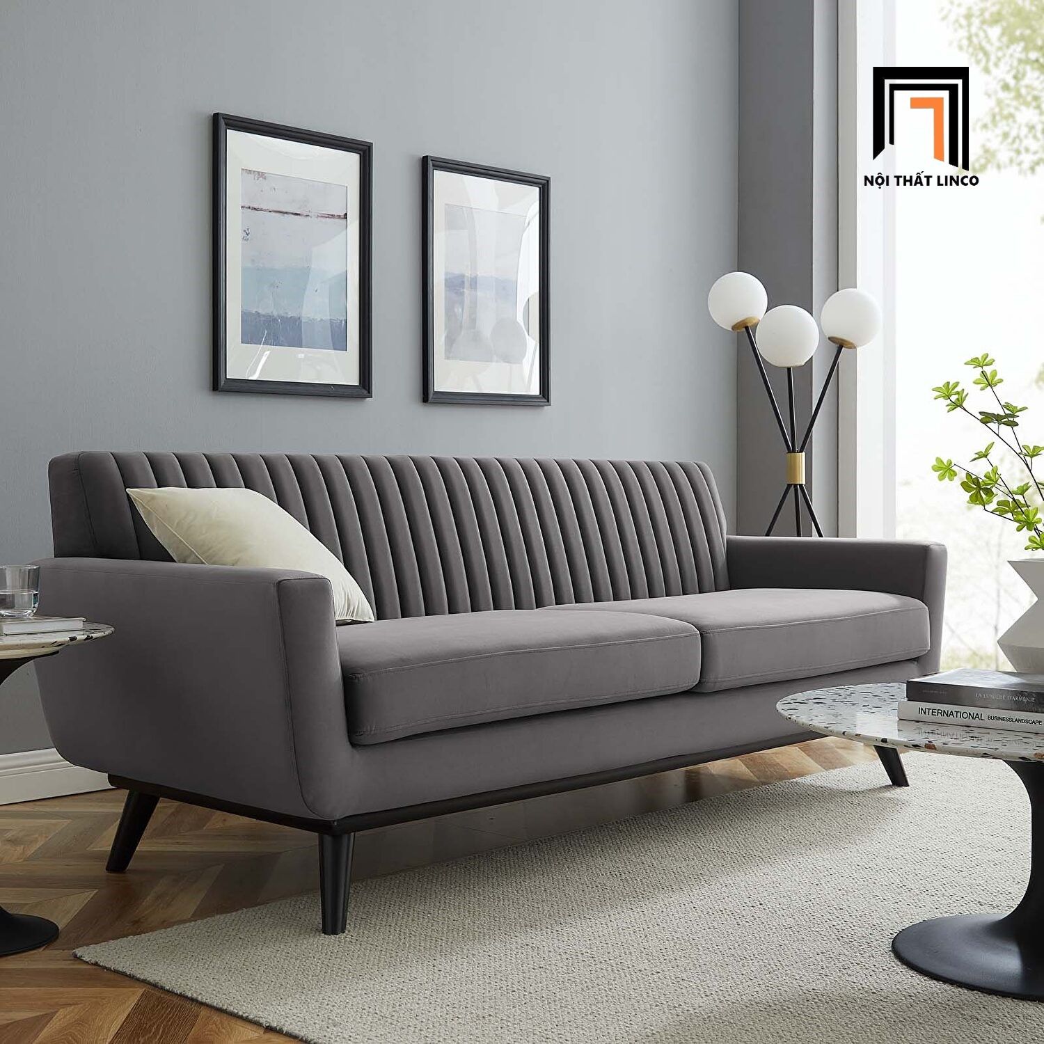 Ghế sofa văng sang trọng BT108 dài 2m xám đen vải nhung