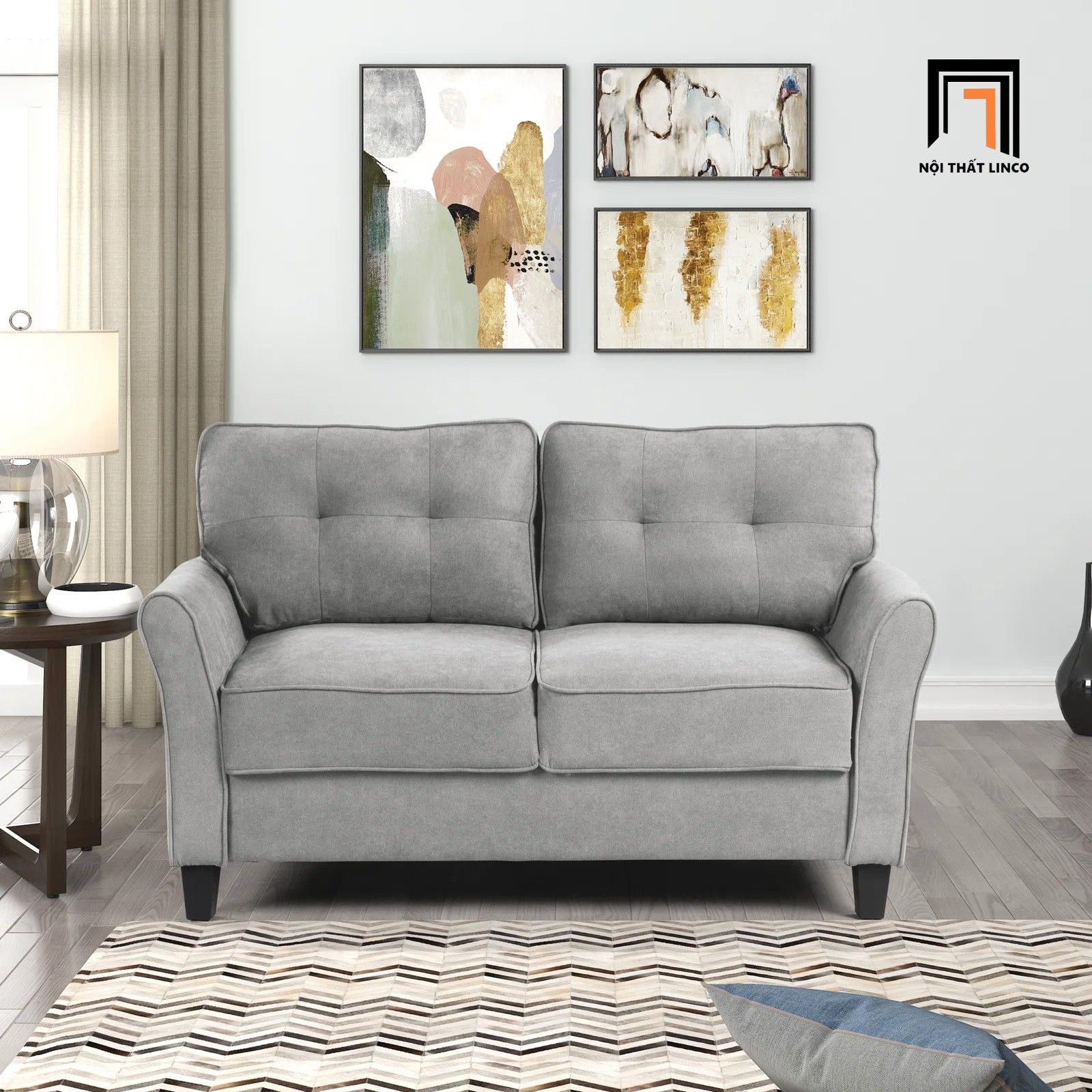 Bộ ghế sofa gia đình hiện đại KT97 Aliete vải nhung màu xám