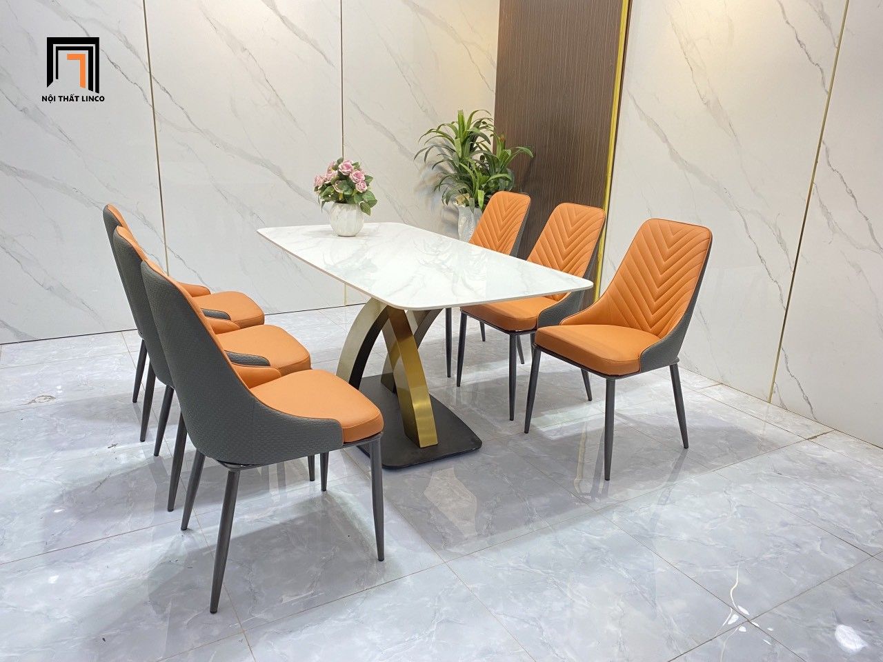 Bộ bàn ăn căn hộ chung cư 4-BAD6-G7-B7B 6 ghế da giả pu
