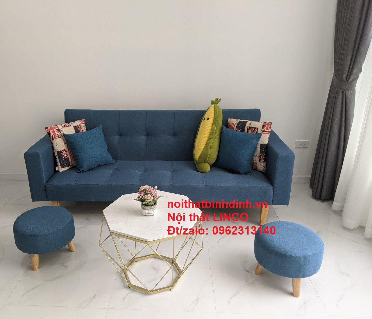 Bộ ghế sofa văng dài BTV dài 2m bật nằm xanh dương