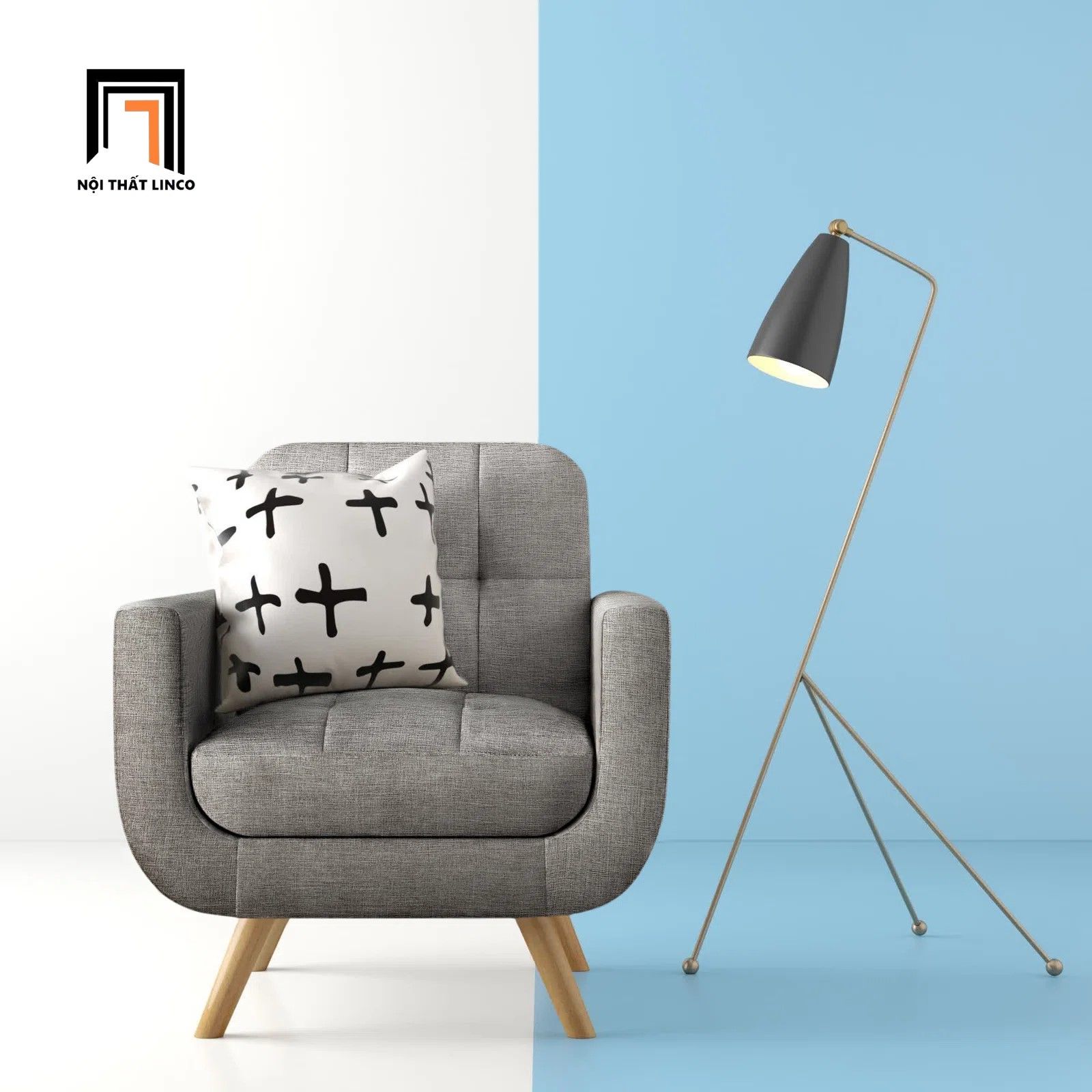 Ghế sofa đơn nhỏ gọn DT15 Julianna màu xám trắng vải bố
