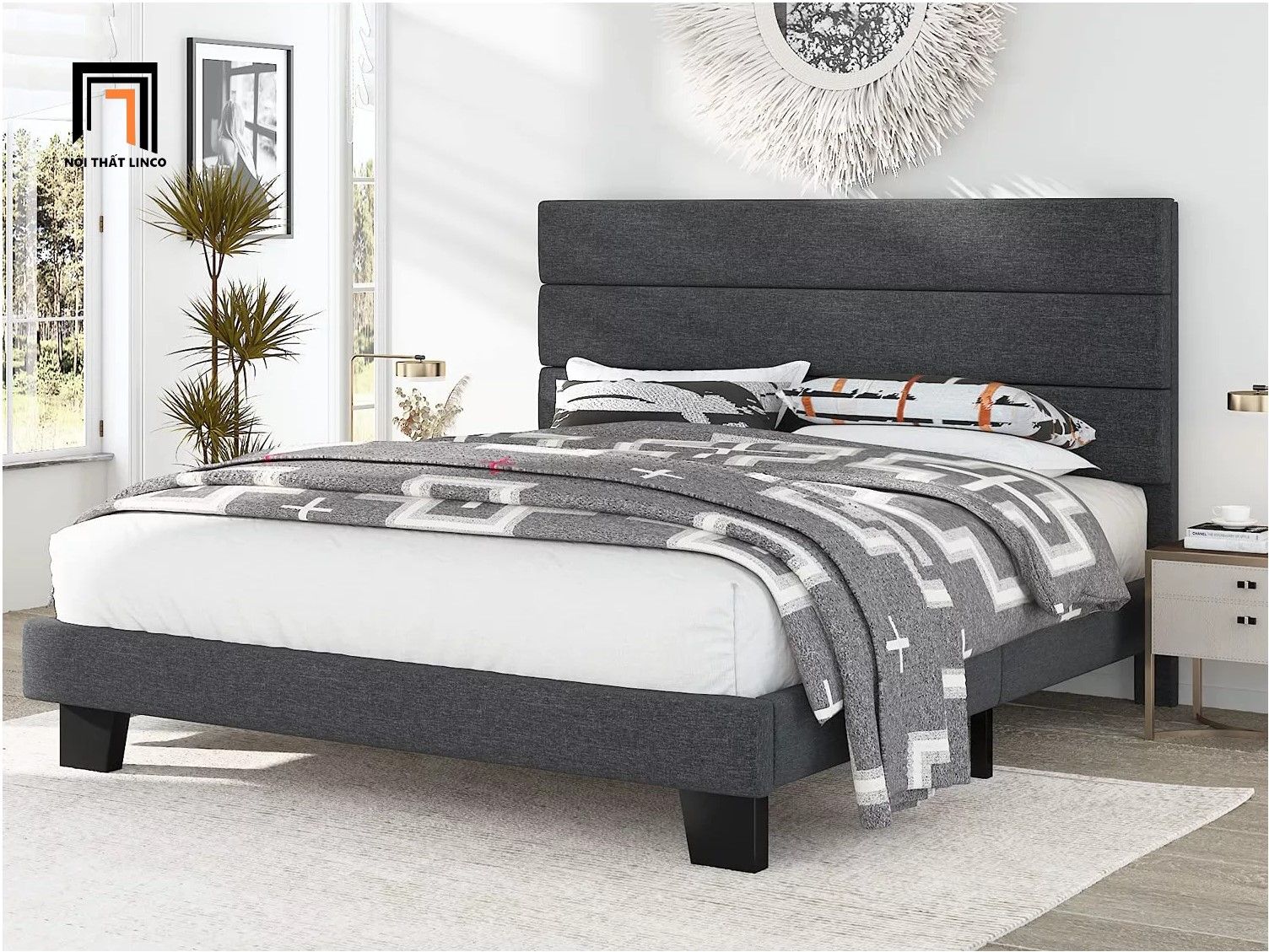 Giường ngủ giá rẻ GN14 Allewie vải nỉ 1m6 x 2m màu xám đen