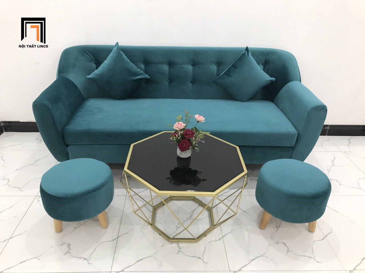 Bộ ghế sofa băng BGN đẹp xanh lá dài 1m9 vải nhung