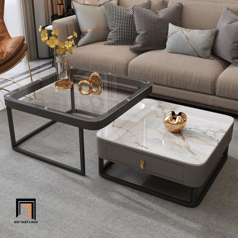 Cặp bàn sofa vuông mặt đá BSF45 Modany khung chân sắt đen