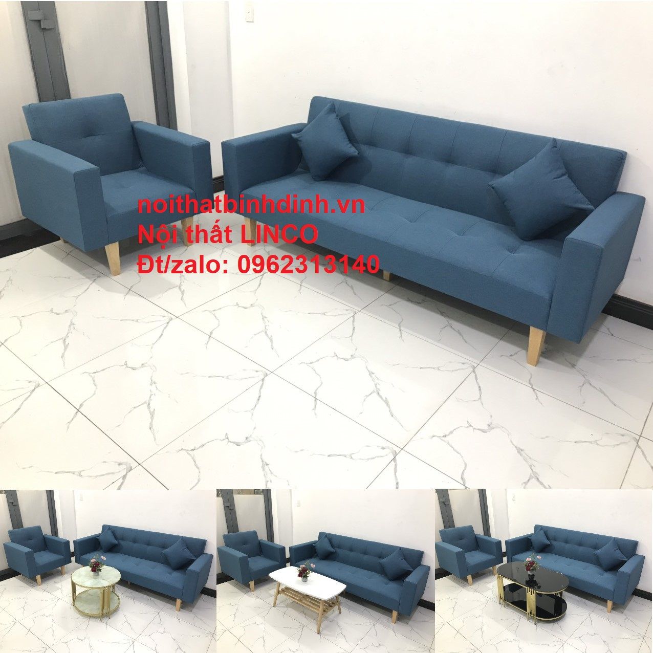 Set ghế sofa phòng khách xanh dương NS02 giá rẻ bọc vải bố