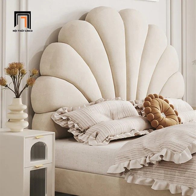 Giường ngủ hình hoa sen vải nỉ trắng kem GN41 Innis xinh xắn