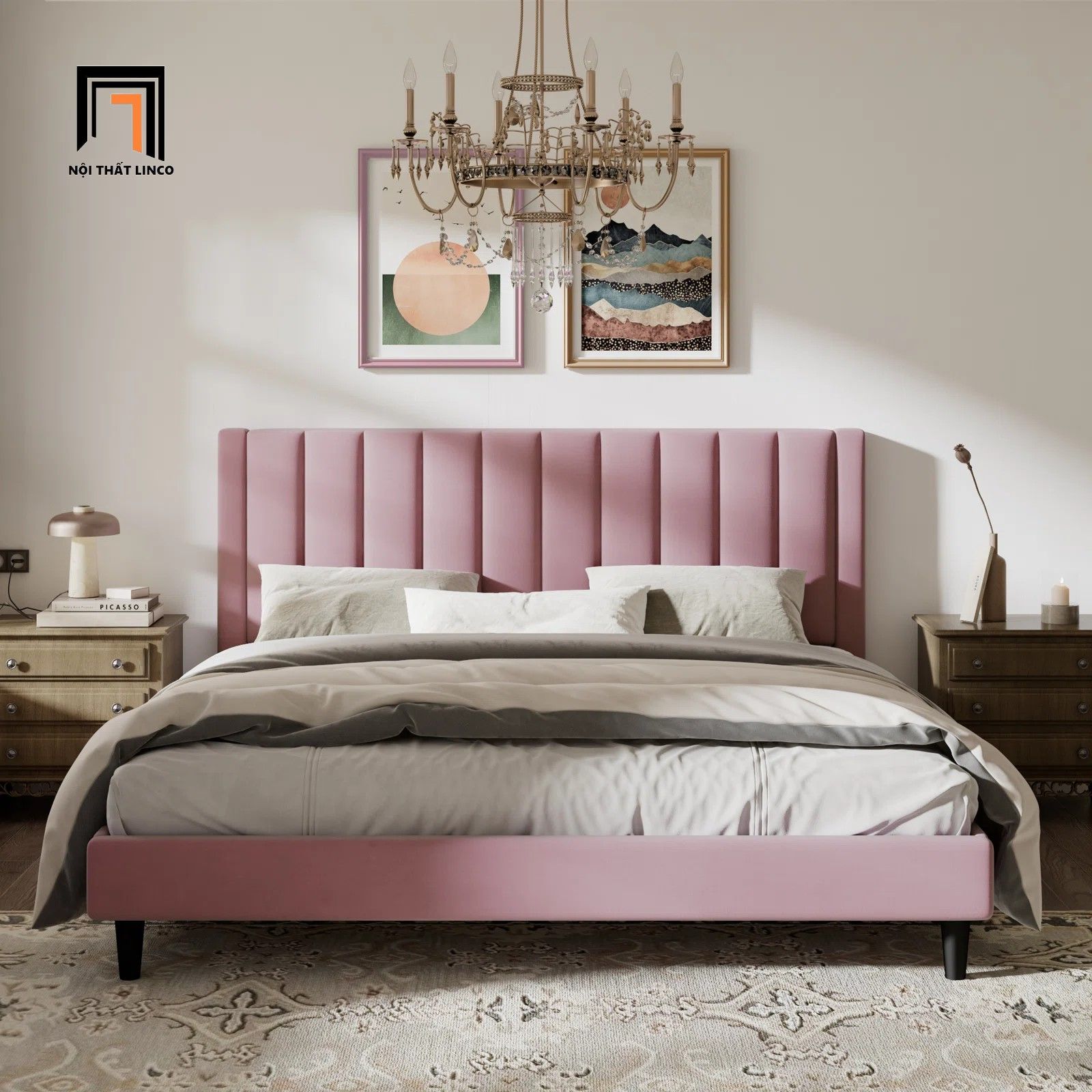 Giường ngủ vải nỉ nhung đẹp GN21 Will đầu giường chia múi