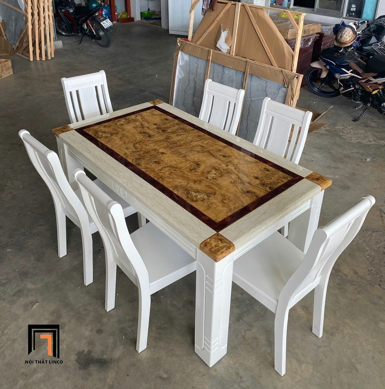 Bàn ăn mặt đá cao cấp GF13-BAD6-G300-B354 6 ghế gỗ trắng