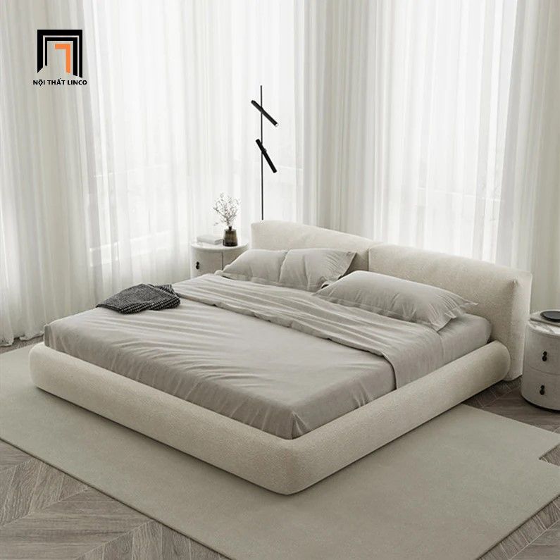 Giường ngủ bọc vải nỉ trắng kem giá rẻ GN48 Amos cho gia đình