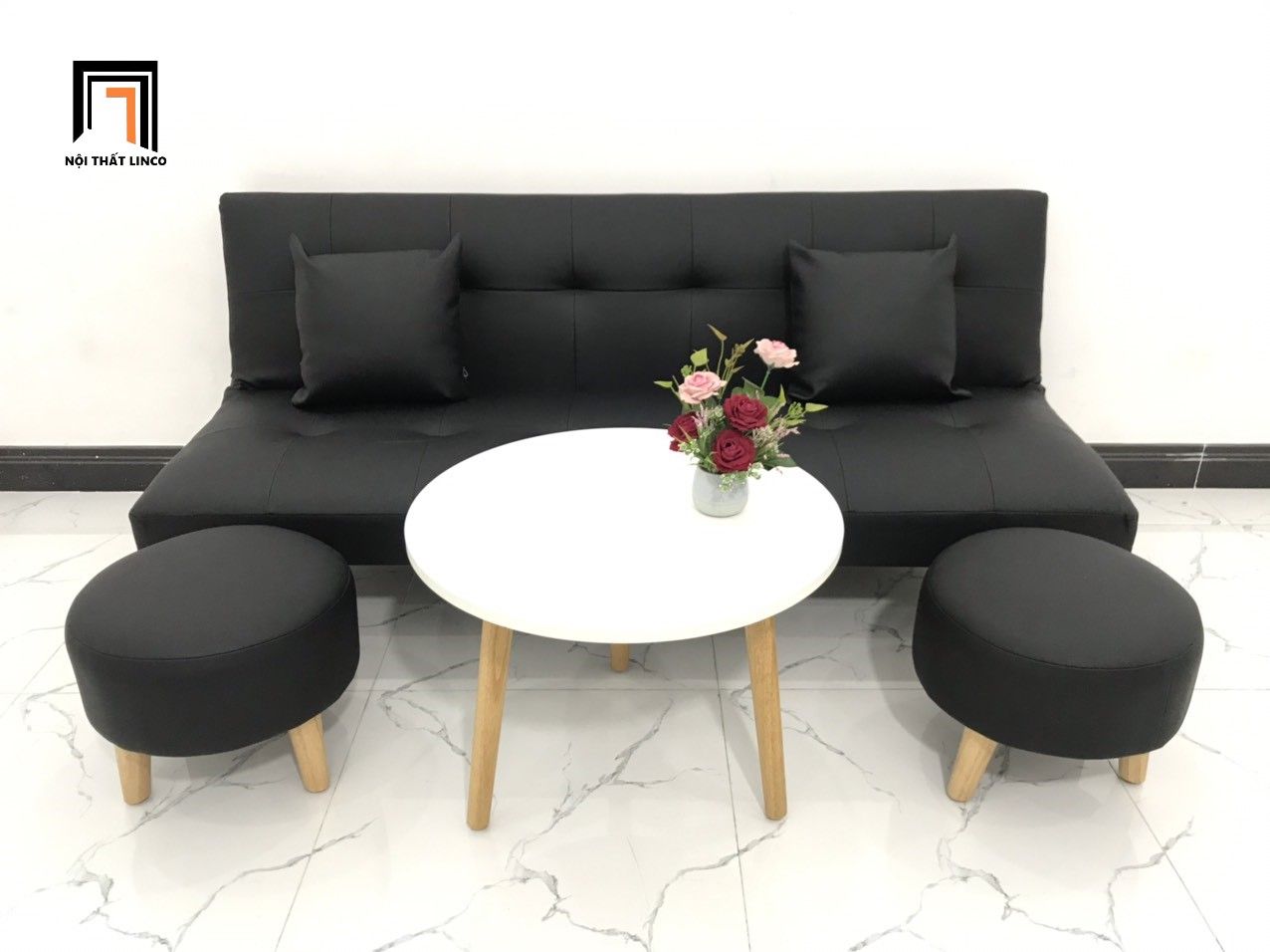 Bộ ghế sofa giường nhỏ gọn simili giả da đen dài 1m72