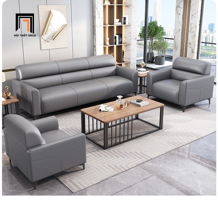 Bộ ghế sofa văn phòng làm việc KT163 Trawen bọc da giả đen