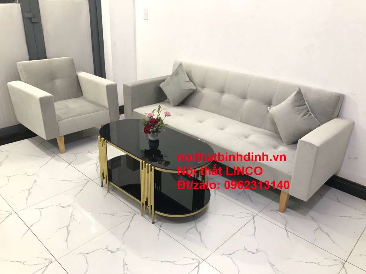 Set ghế sofa phòng khách đẹp NS02 hiện đại xám vải nhung