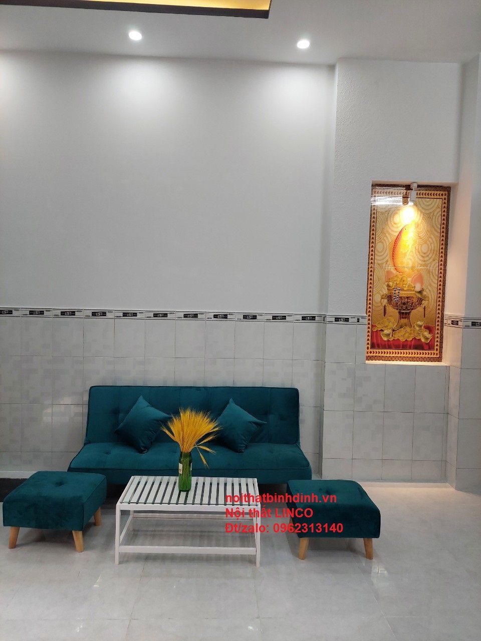Bộ ghế sofa giường phòng khách xanh lá vải nhung dài 1m7