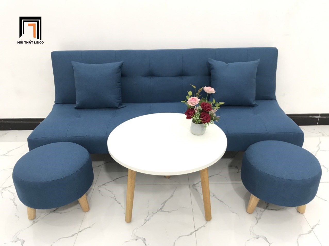 Bộ ghế sofa bed giường nằm xanh dương dài 1m72 bọc vải