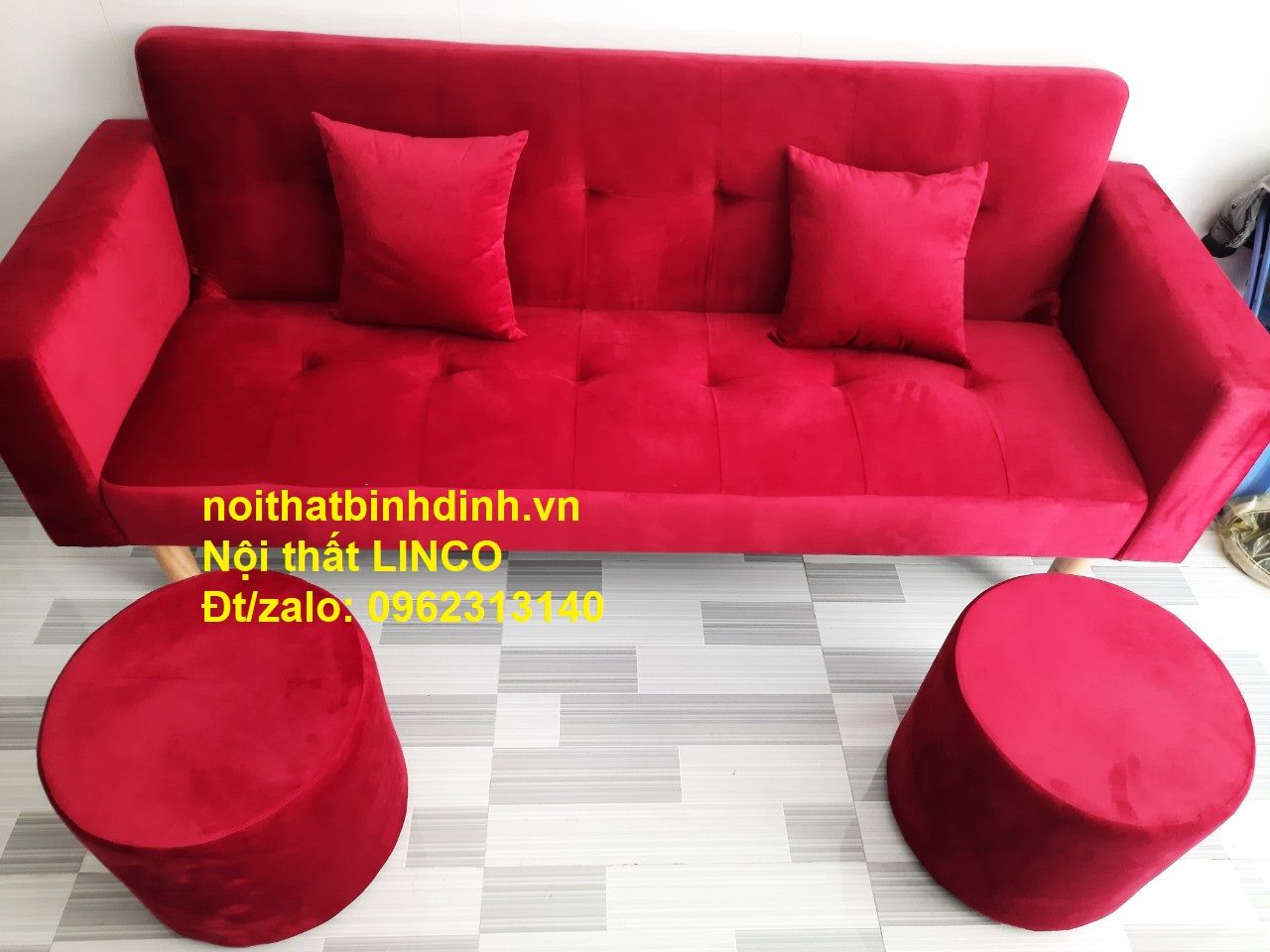 Bộ ghế sofa phòng khách giá rẻ BTV dài 2m đỏ đô vải nhung
