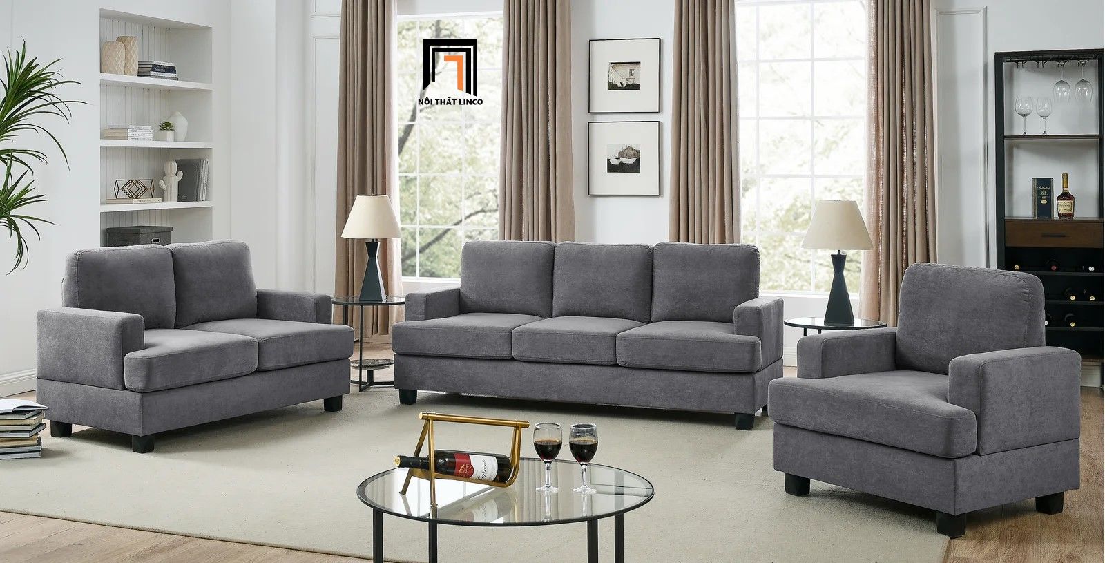 Bộ ghế sofa vải nỉ nhỏ KT8 Poll màu xám đen giá rẻ