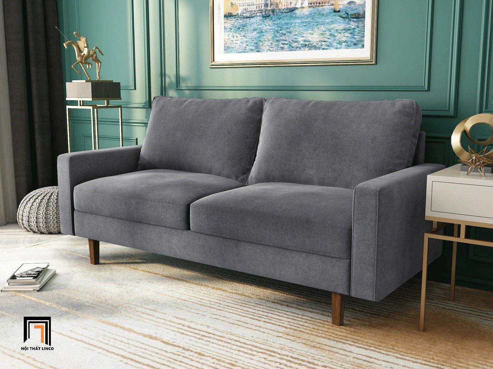 Ghế sofa băng vải nỉ nhung màu đen BT221 Jo dài 1m6 nhỏ gọn