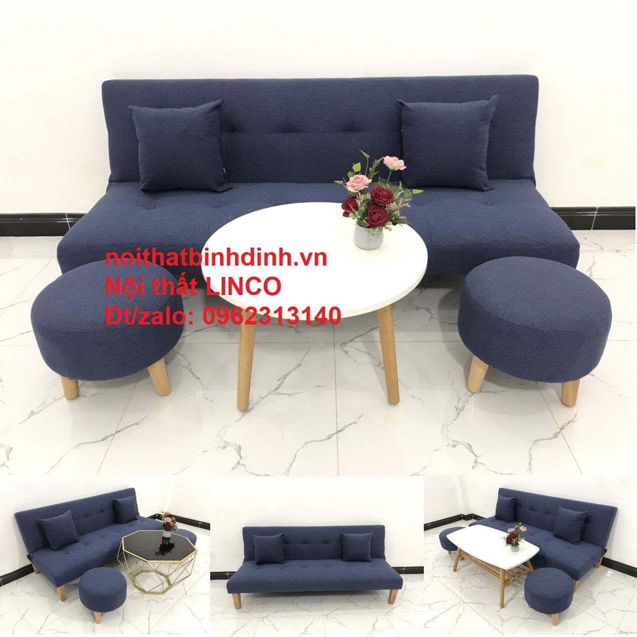 Bộ bàn ghế sofa giường xanh đậm dài 1m72 cho phòng nhỏ