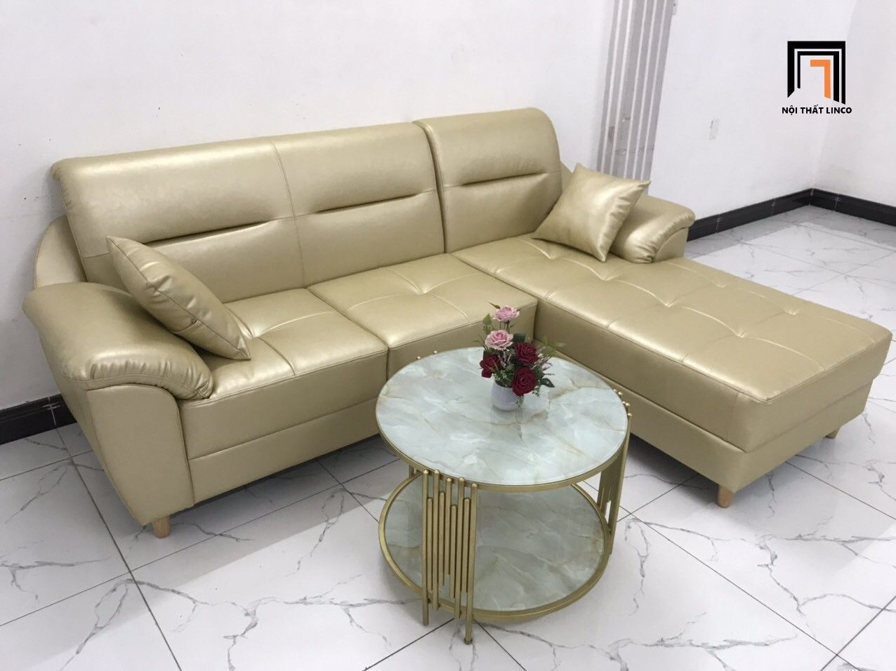 Sofa góc L da công nghiệp GT233 Palma 2m4 x 1m6 kem sữa