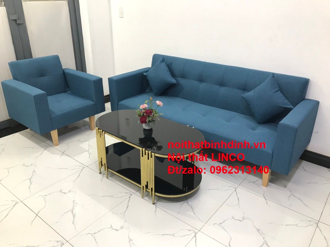 Set ghế sofa phòng khách xanh dương NS02 giá rẻ bọc vải bố