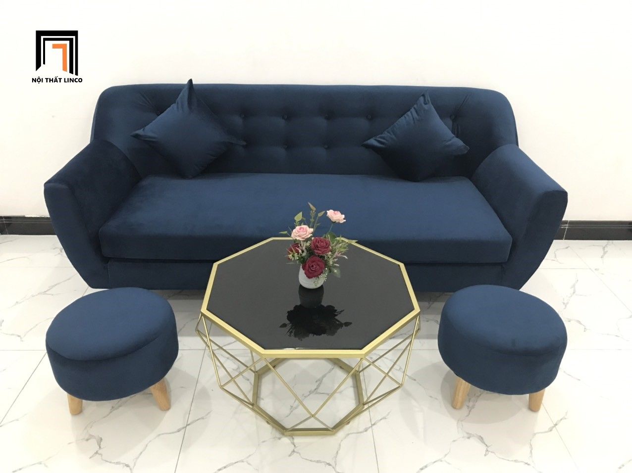 Bộ bàn ghế sofa băng BGN dài 1m9 xanh dương đậm vải nhung