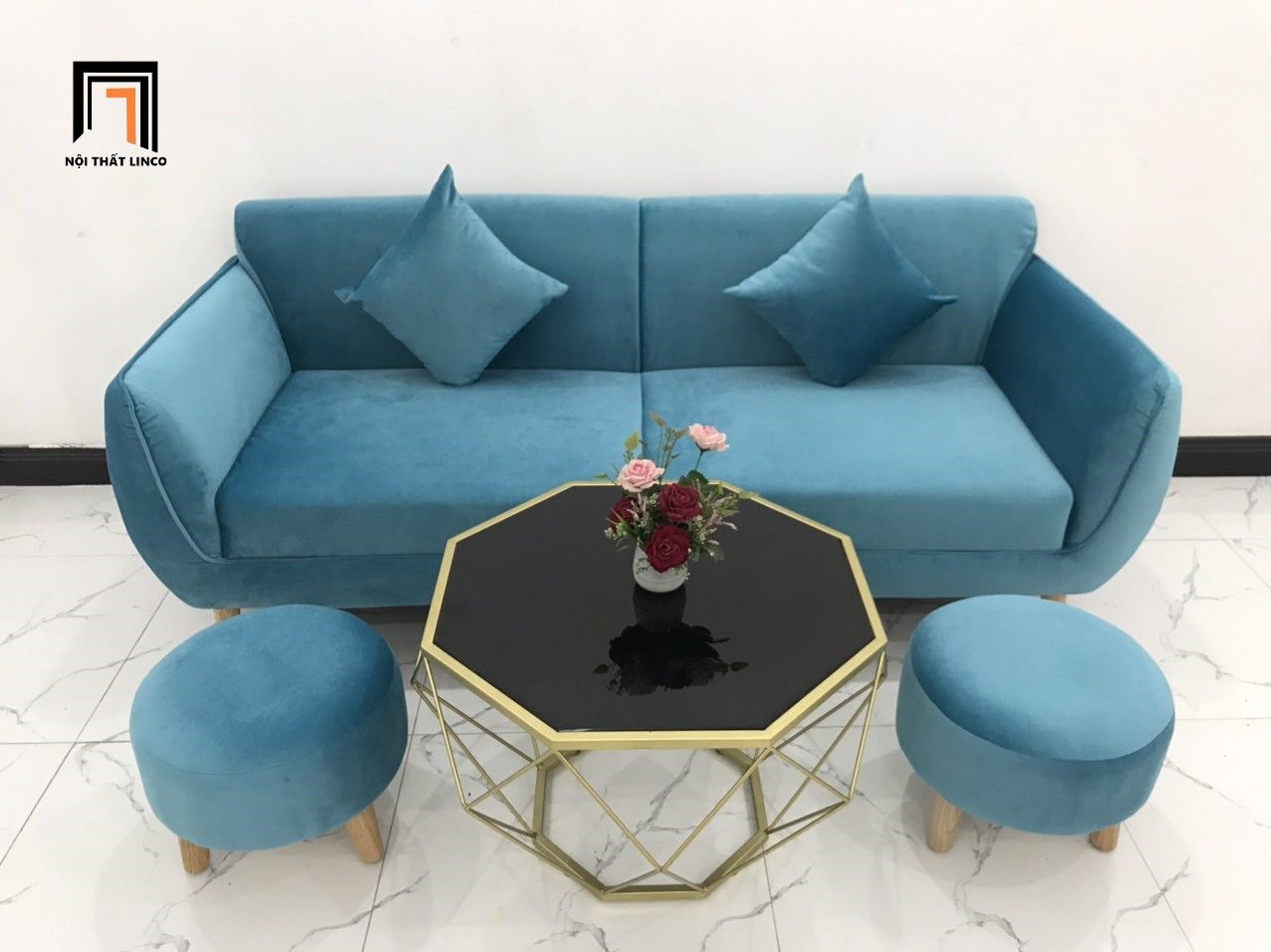 Bộ bàn ghế sofa văng BB dài 1m9 phòng khách xanh dương