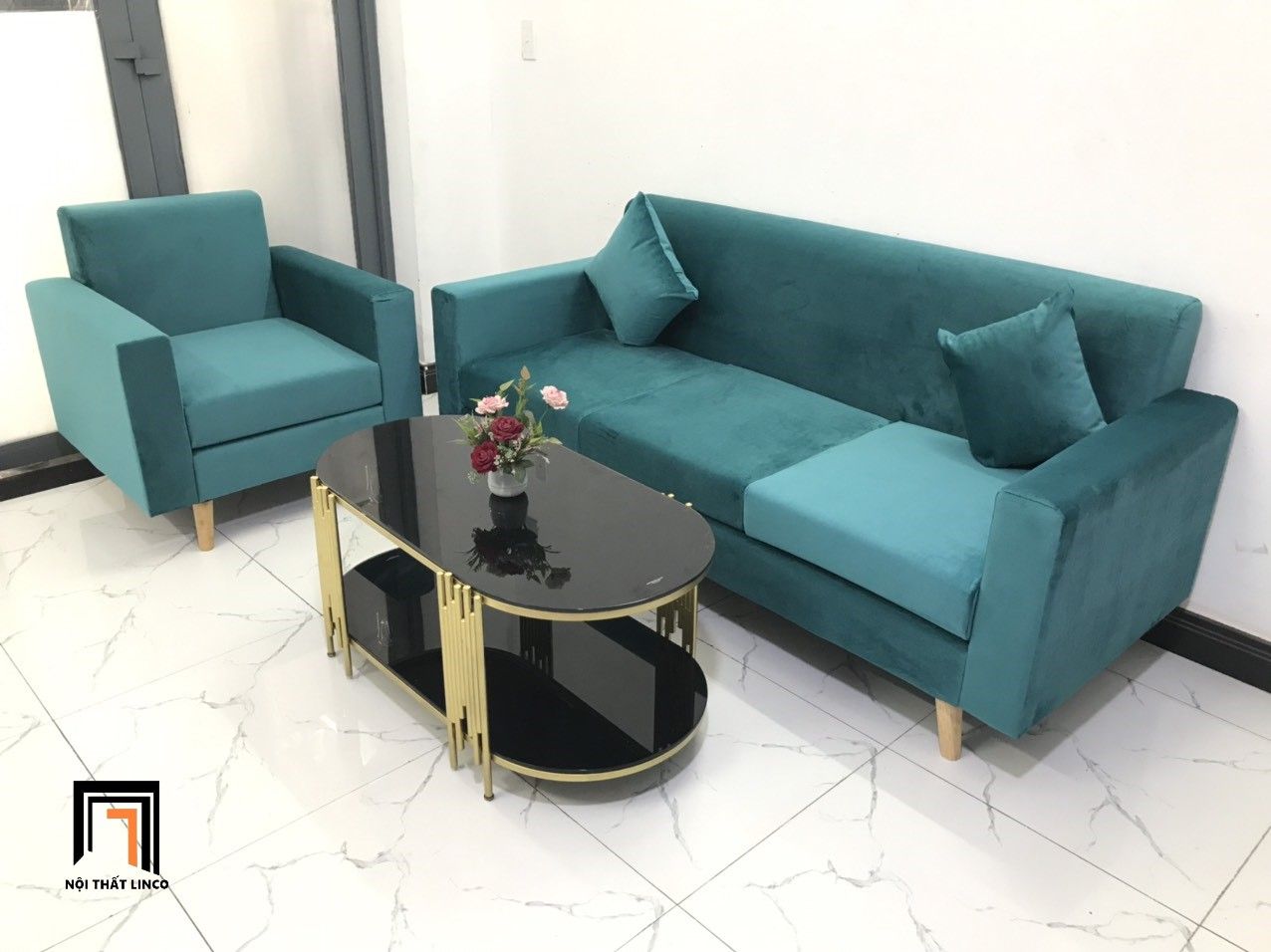 Set ghế sofa băng phòng khách NS05 xanh lá vải nhung