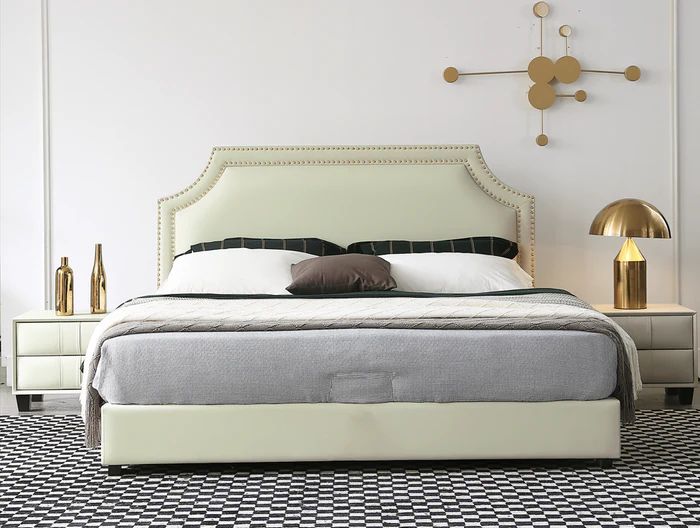 Giường ngủ bọc da Pu màu trắng GN73 Emmett đính nút cao cấp